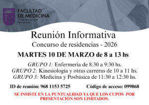 Reunión Informativa. Concurso de residencias 2026. Reunión por la plataforma Zoom el martes 10 de Marzo de 8 a 13 horas.